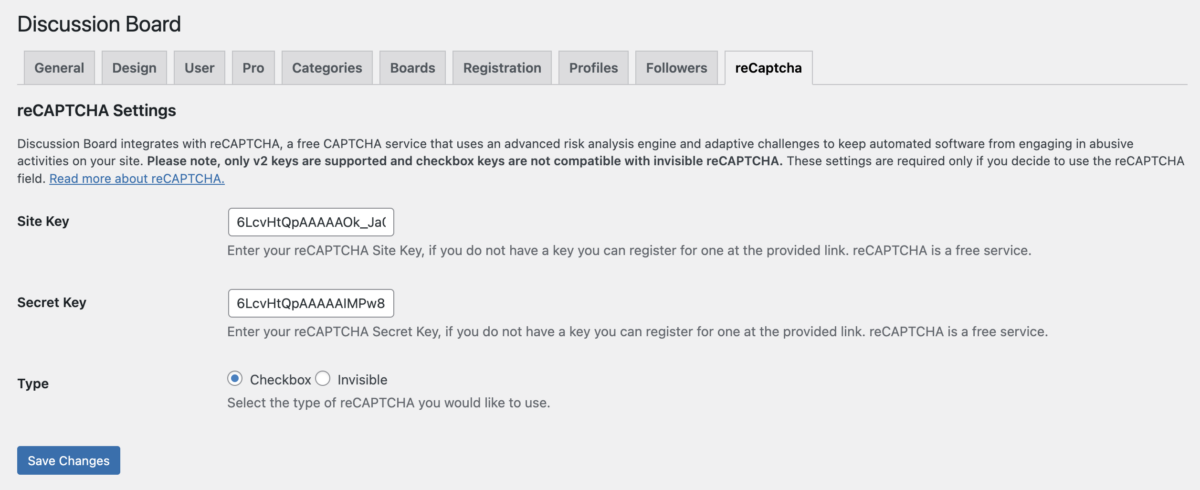 Recaptcha settings