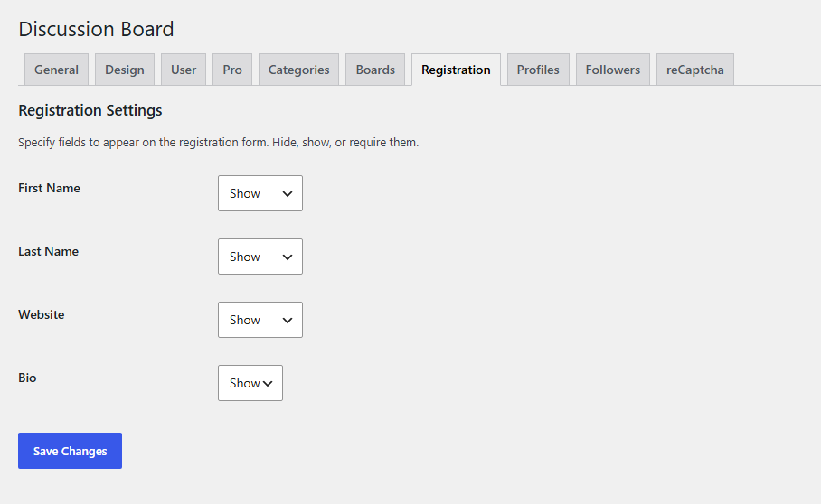 Registration settings wpdb